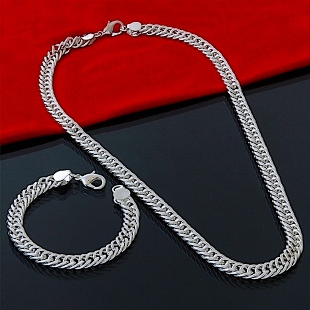 Sterling Silver 10mm Chain Link Necklace Bracelet Matching Set